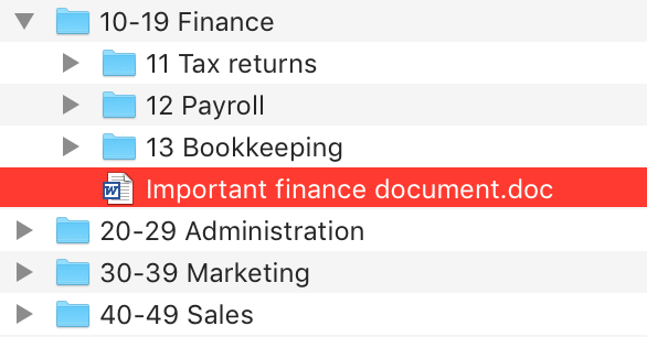 Finder window showing file incorrectly stored in the folder 10-19 Finance