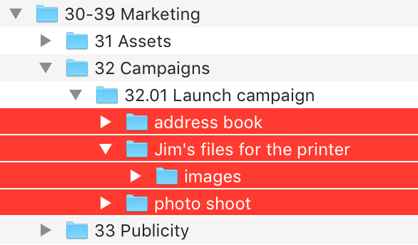 Finder window showing folders incorrectly created in the folder 32.01 Launch campaign